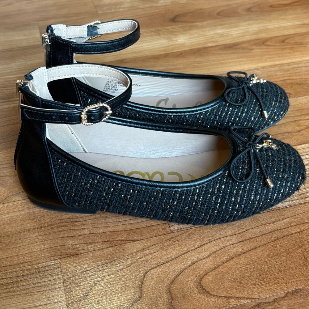 Sam Edelman Black and Gold Ankle Strap Flats Girls size 2